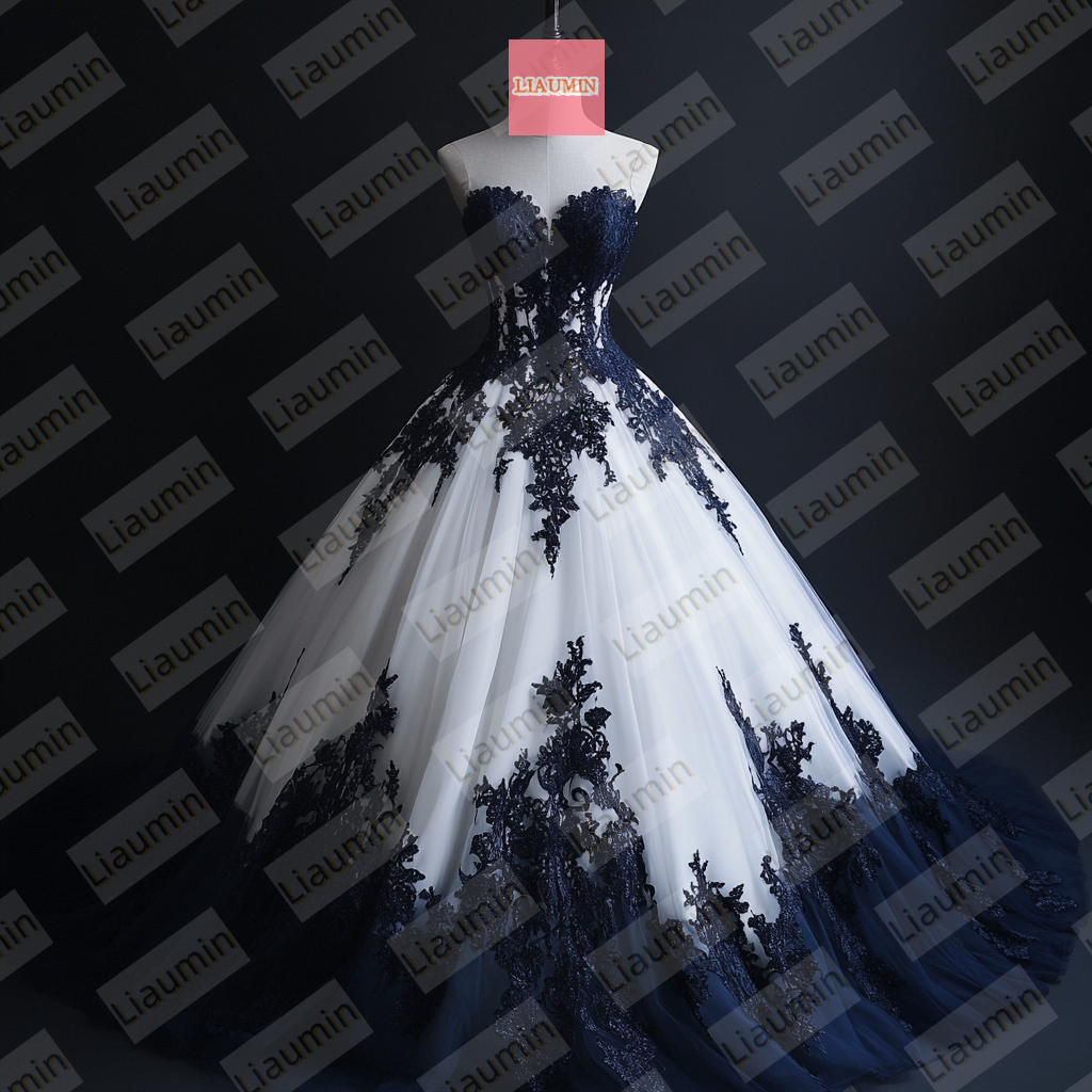 White Tulle and Blue Strapless Wedding Evening Prom Formal Princess Dress W19.21.5