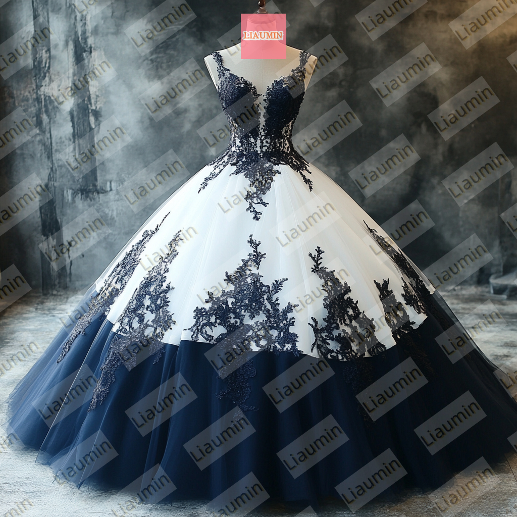 White Tulle and Blue Strap Wedding Evening Prom Formal Princess Dress W19.21.7