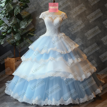 Load image into Gallery viewer, White Tulle and Blue Lace Applique Cap Sleeve Wedding Evening Prom Formal Princess Dress W19.22.11
