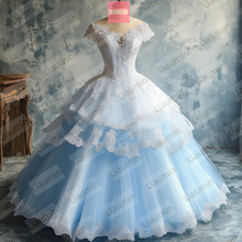 Load image into Gallery viewer, White Tulle and Blue Lace Applique Cap Sleeve Wedding Evening Prom Formal Princess Dress W19.22.13
