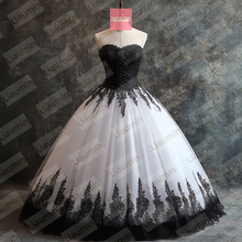 Load image into Gallery viewer, White Tulle and Black Lace Applique Wedding Evening Prom Formal Princess Dress W19.22.3
