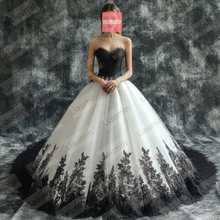 Load image into Gallery viewer, White Tulle and Black Lace Applique Strapless Wedding Evening Prom Formal Princess Dress W19.22.4
