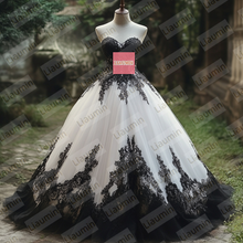 Load image into Gallery viewer, White Tulle and Black Lace Applique Strapless Wedding Evening Prom Formal Princess Dress W19.22.6
