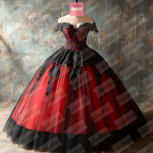 Load image into Gallery viewer, Red Tulle and Black Lace Applique Cap Sleeve Wedding Evening Prom Formal Princess Dress W19.22.7
