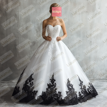 Load image into Gallery viewer, White Tulle and Black Lace Applique Strapless Wedding Evening Prom Formal Princess Dress W19.22.9
