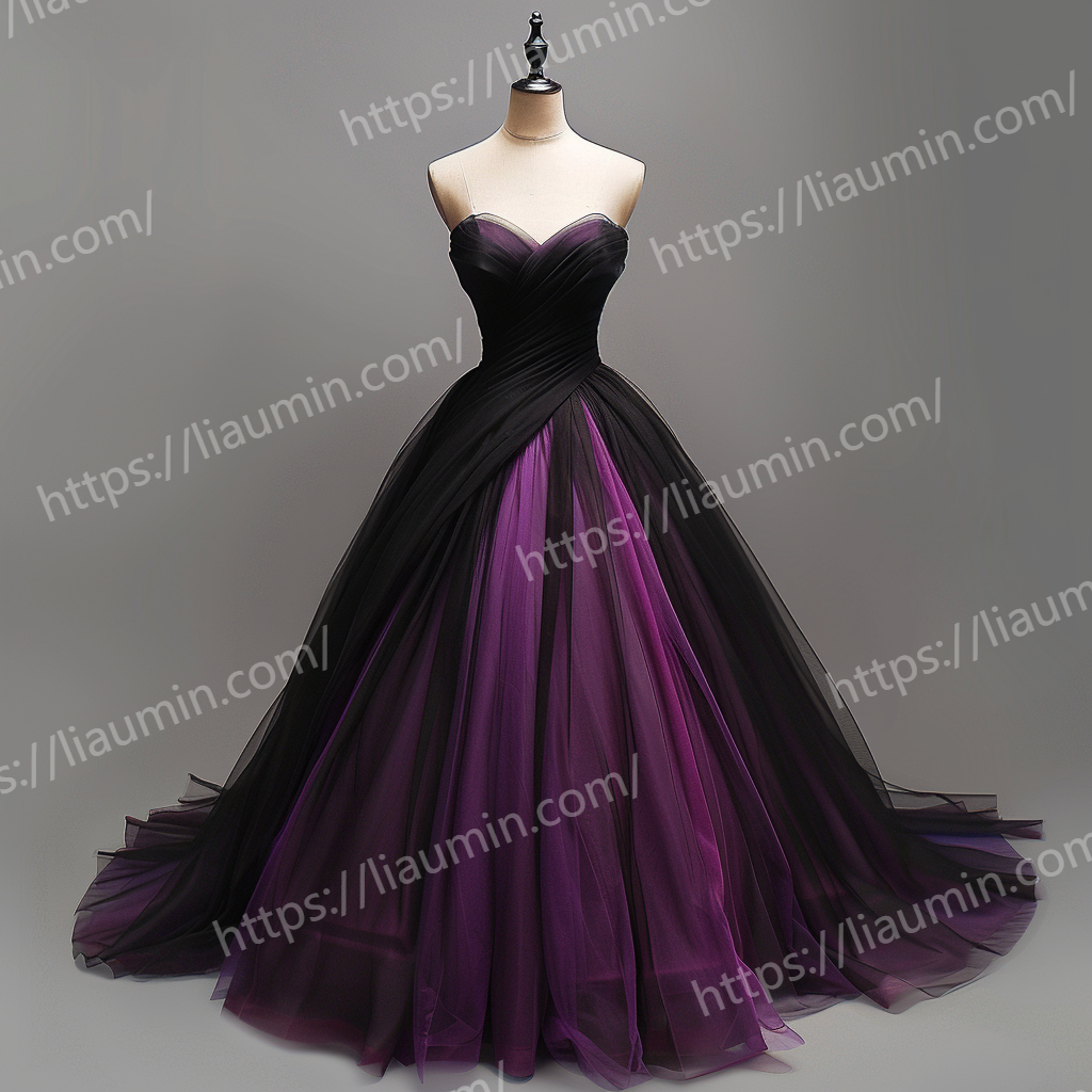 Custom Purple and Black Tulle Strapless Full Length Evening Party Prom Formal Occasion Princess Dress W15-27.2