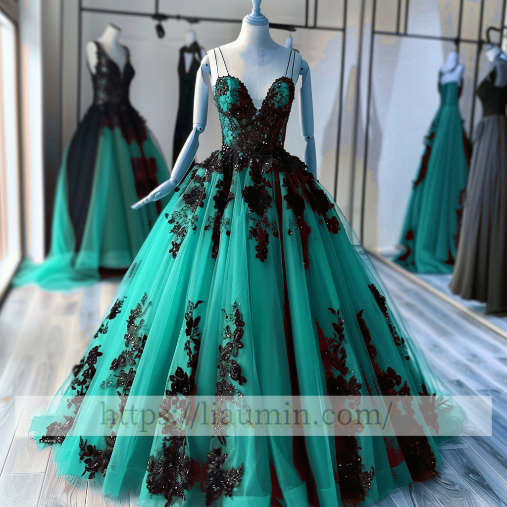 Black Lace Applique Spaghetti Straps V Neck Evening Party Prom Princess Dress  W13-2