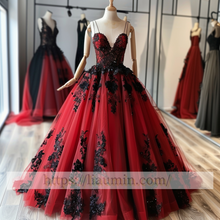 Load image into Gallery viewer, Black Lace Applique Spaghetti Straps V Neck Evening Party Prom Princess Dress  W13-2
