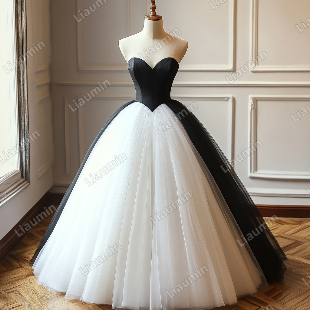 Custom White Black Tulle Strapless Wedding Evening Prom Formal Lace Up Back Princess Dress C-2.10