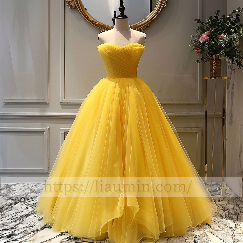 Yellow Full Length Strapless A Line Evening Party Prom Formal Princess Dress Custom W15-2.10