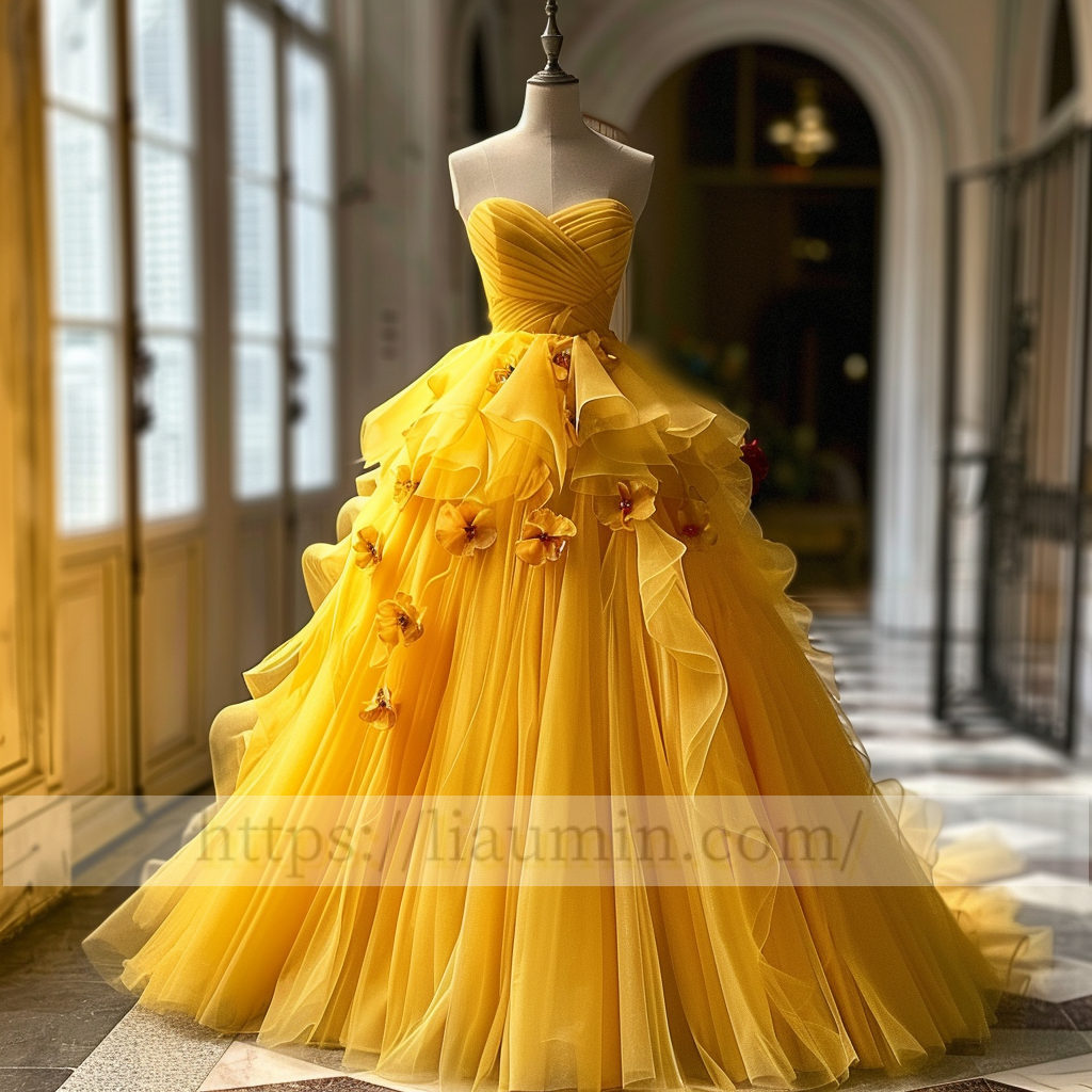 Yellow Full Length Strapless Applique Ball Gown Evening Party Prom Formal Princess Dress Custom W15-2.11