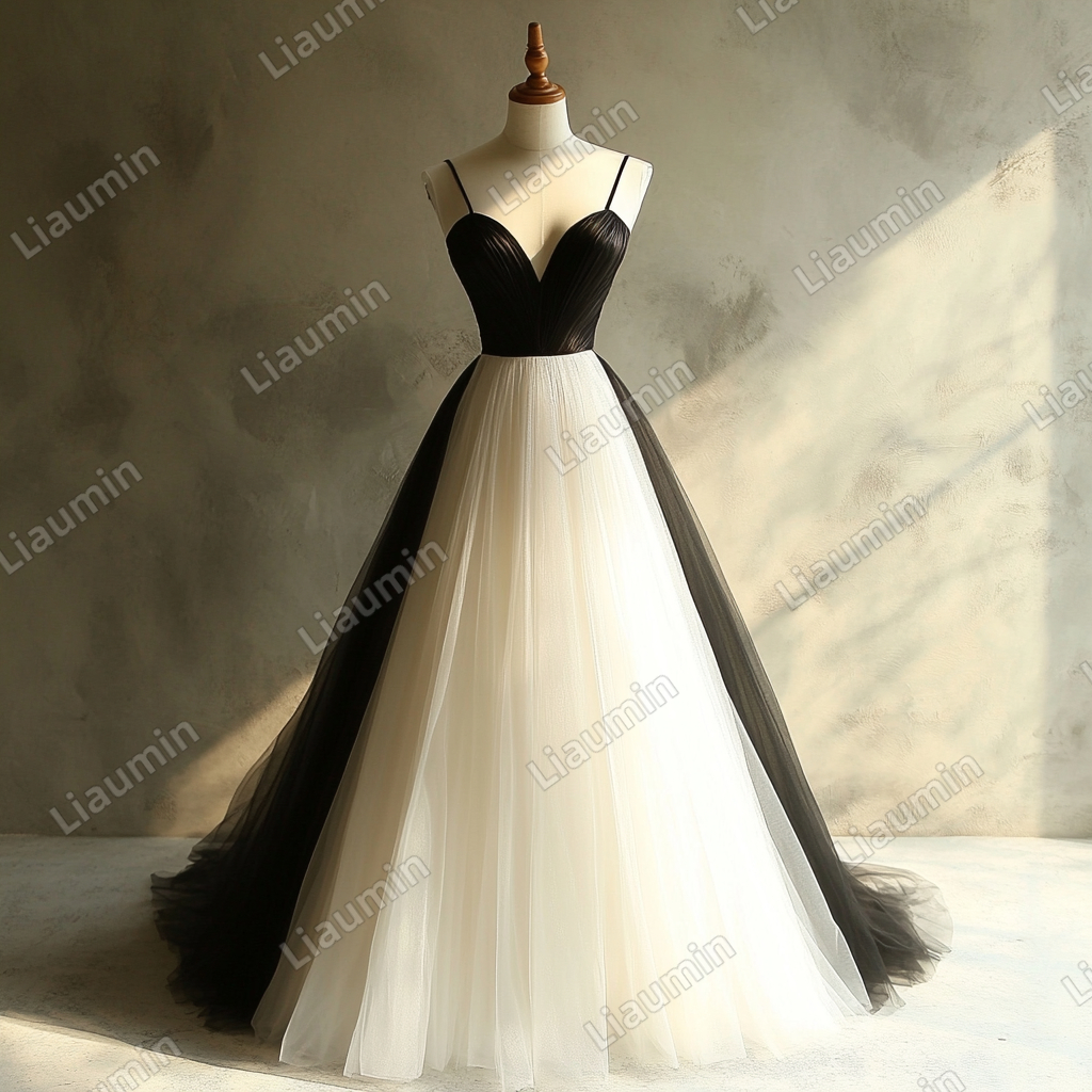 Custom Ivory Black Tulle Strap Wedding Evening Prom Formal Lace Up Back Princess Dress C-2.11