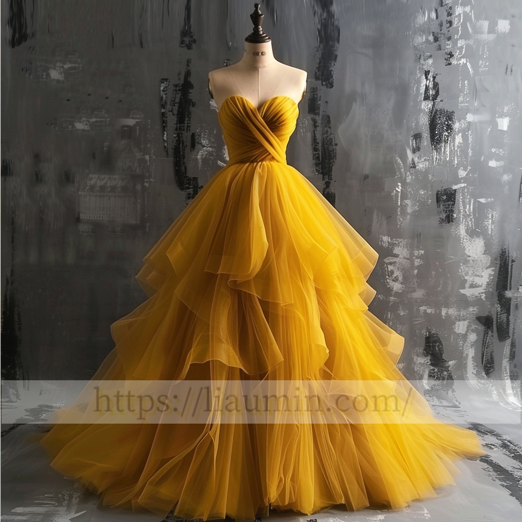 Yellow Full Length Strapless Ball Gown Evening Party Prom Formal Princess Dress Custom W15-2.12