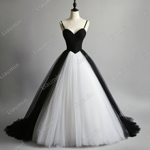 Load image into Gallery viewer, Custom White Black Tulle Strap Wedding Evening Prom Formal Lace Up Back Princess Dress C-2.12
