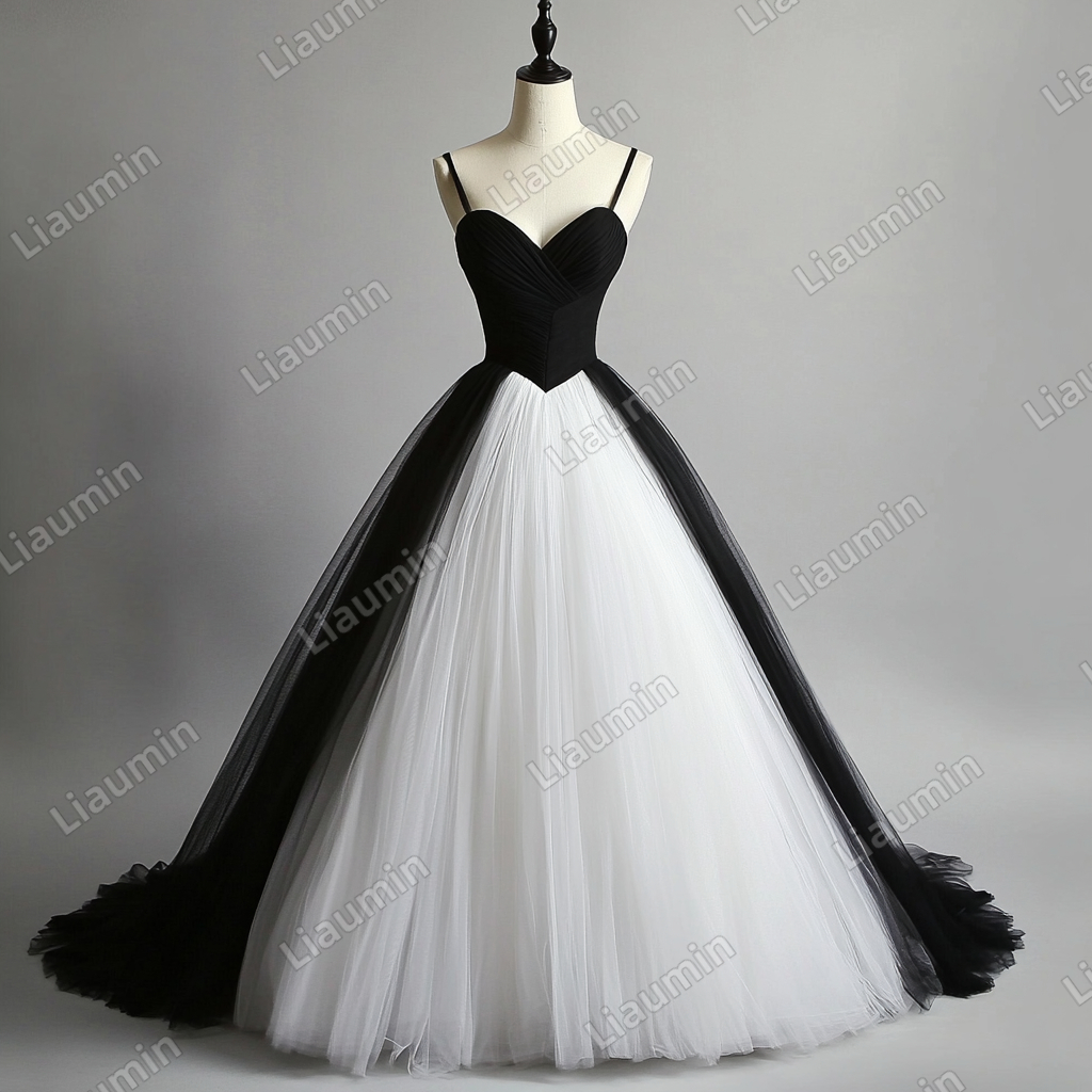 Custom White Black Tulle Strap Wedding Evening Prom Formal Lace Up Back Princess Dress C-2.12