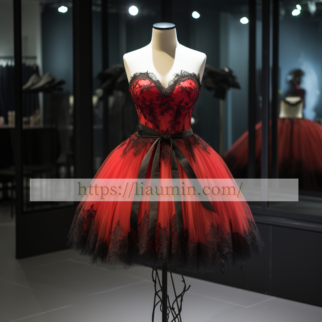 Red Tulle and Black Lace Applique Short Evening Party Prom Princess Homecoming Dress Custom W5-2.13