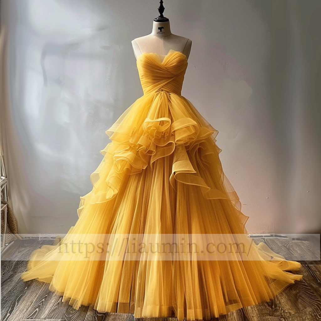 Yellow Full Length Strapless Ball Gown Evening Party Prom Formal Princess Dress Custom W15-2.13