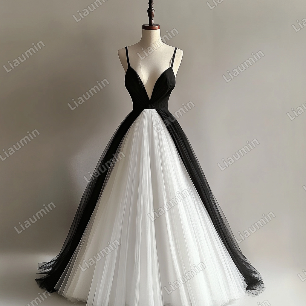 Custom White Black Tulle Strap V Neck Wedding Evening Prom Formal Lace Up Back Princess Dress C-2.13