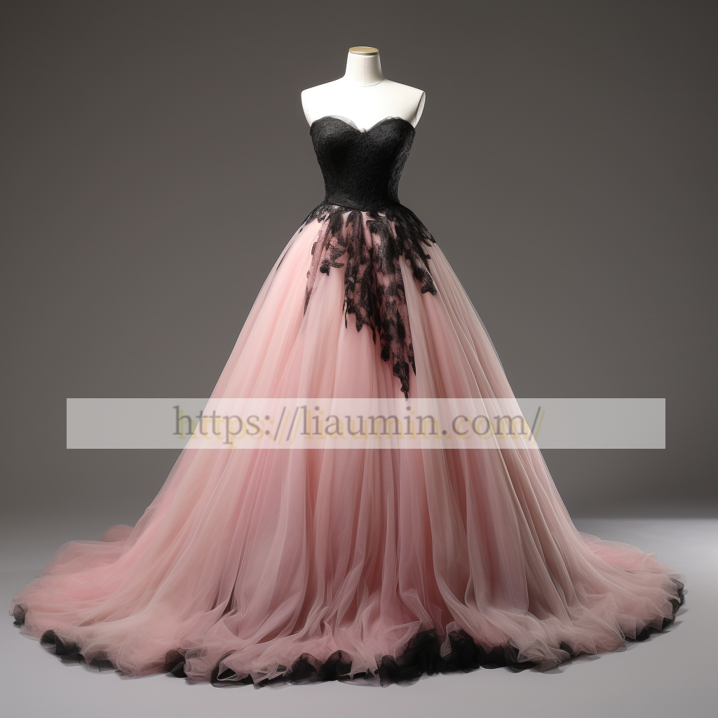 Pink Tulle and Black Lace Applique Full Length Evening Party Prom Princess Dress Custom W5-2.14