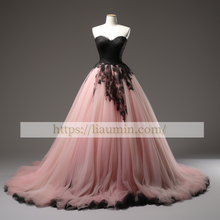 Load image into Gallery viewer, Pink Tulle and Black Lace Applique Full Length Evening Party Prom Princess Dress Custom W5-2.14
