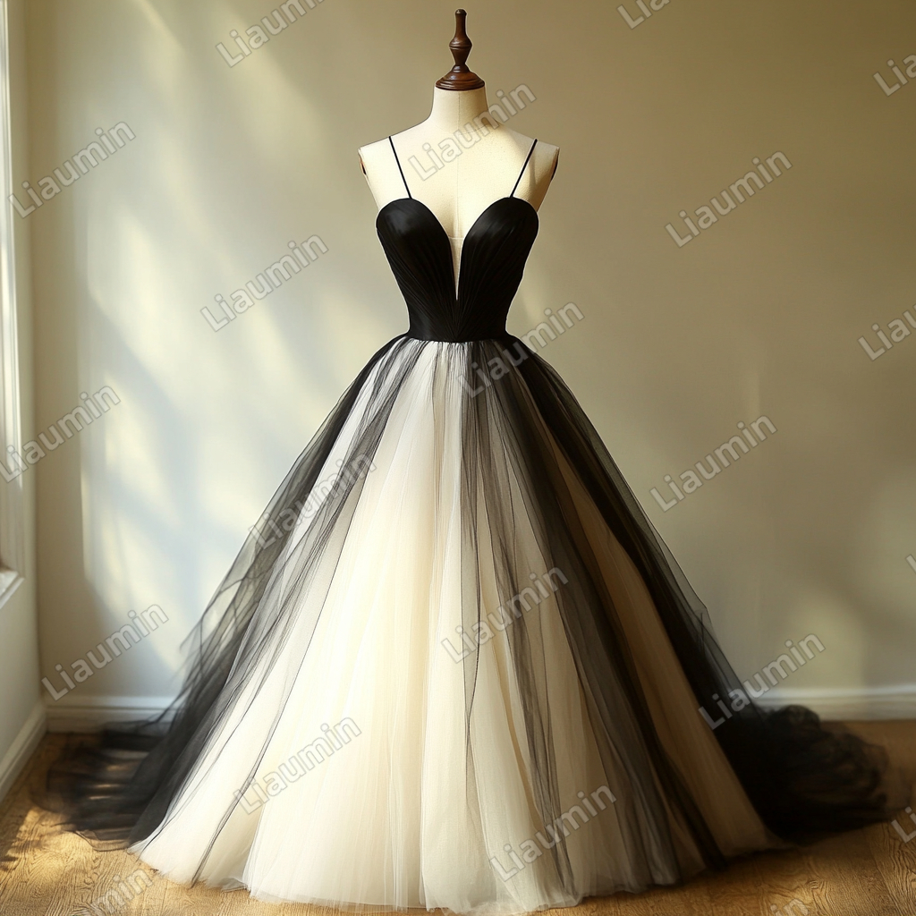 Custom Ivory Black Tulle Strap Wedding Evening Prom Formal Lace Up Back Princess Dress C-2.14