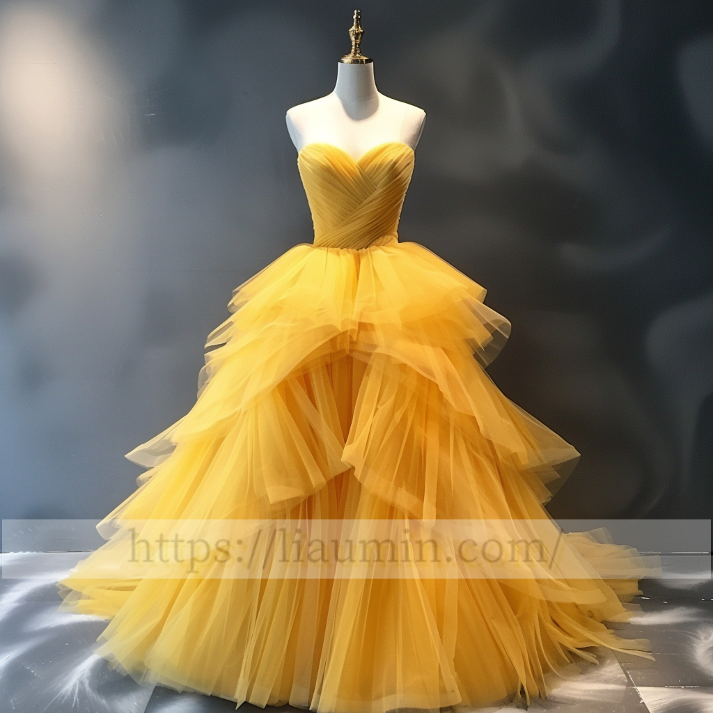 Yellow Full Length Strapless Ball Gown Evening Party Prom Formal Princess Dress Custom W15-2.14