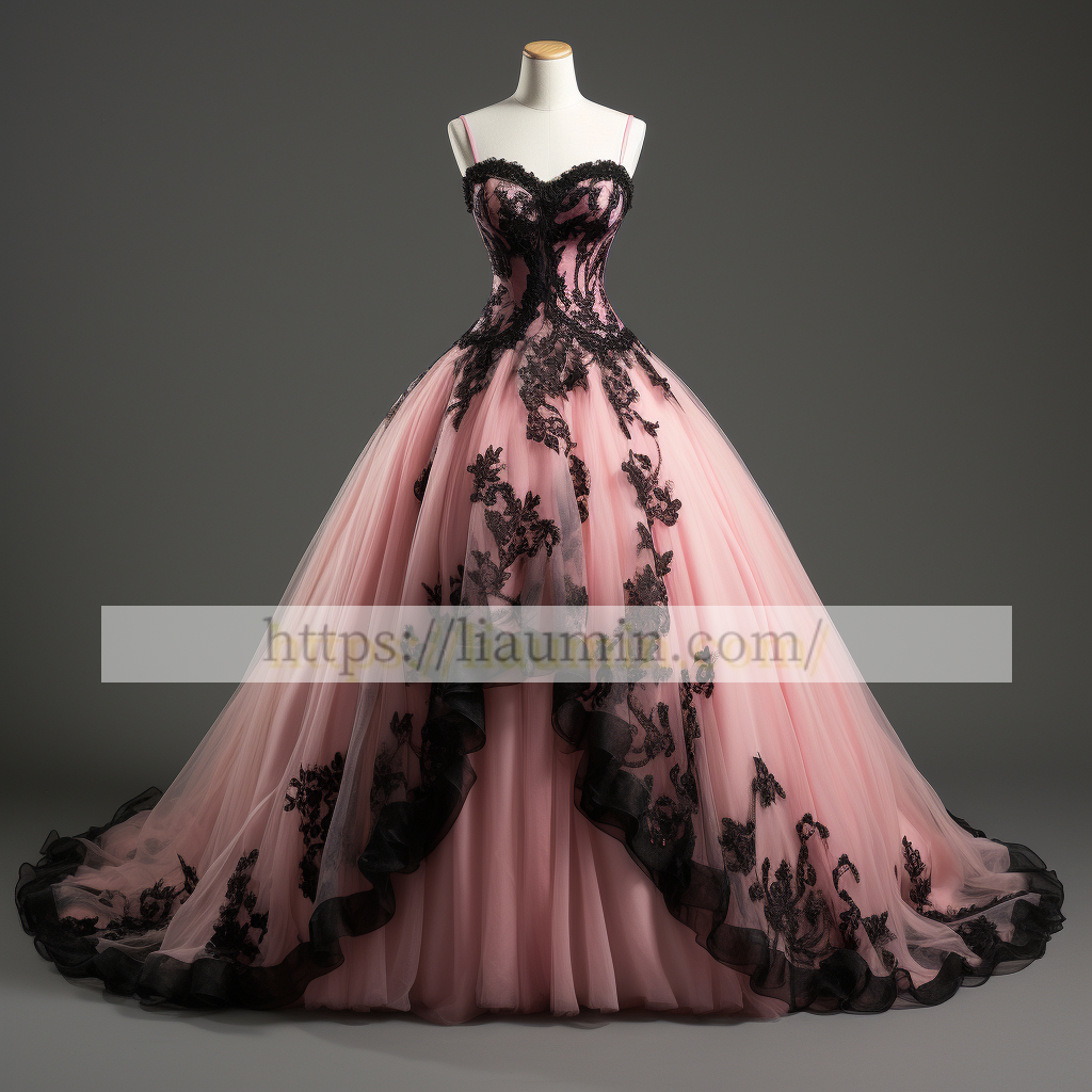 Pink Tulle and Black Lace Applique Full Length Evening Party Prom Princess Dress Custom W5-2.15