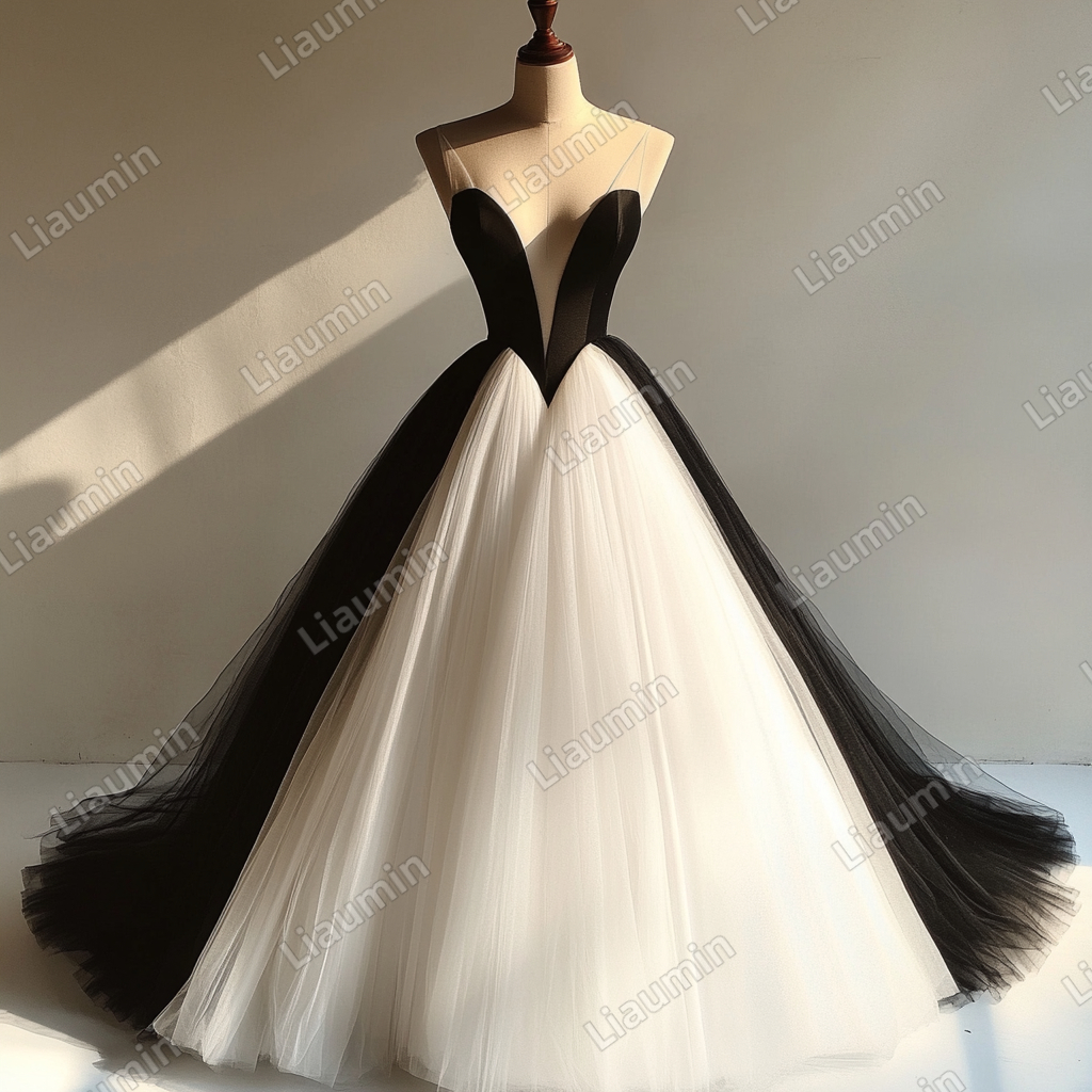 Custom Ivory Black Tulle Strap Wedding Evening Prom Formal Lace Up Back Princess Dress C-2.15