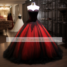 Load image into Gallery viewer, Red Tulle and Black Lace Applique Full Length Evening Party Prom Princess Dress Custom W5-2.16
