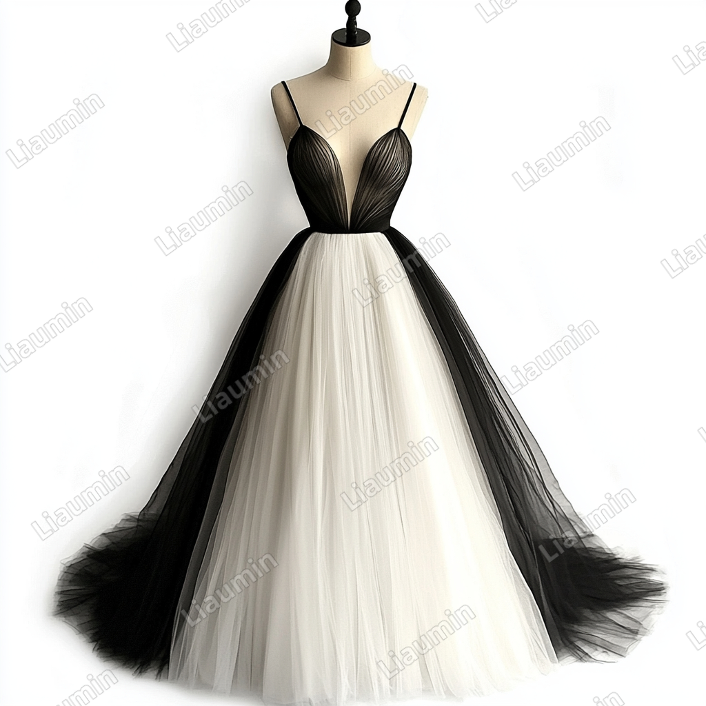 Custom Ivory Black Tulle Strap V Neck Wedding Evening Prom Formal Lace Up Back Princess Dress C-2.16