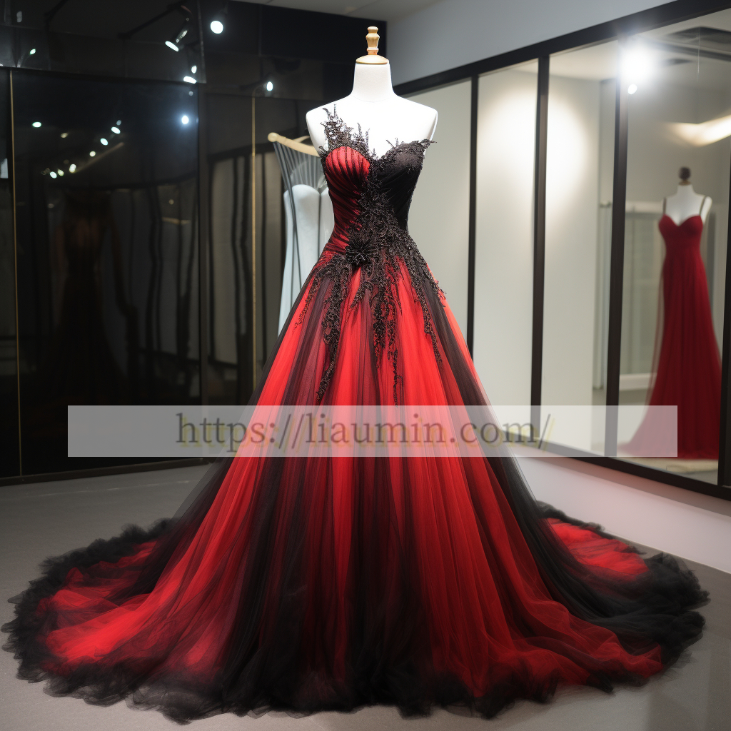 Red Tulle and Black Lace Applique Full Length Evening Party Prom Princess Dress Custom W5-2.17