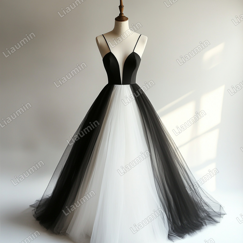 Custom White Black Tulle Strap V Neck Wedding Evening Prom Formal Lace Up Back Princess Dress C-2.17