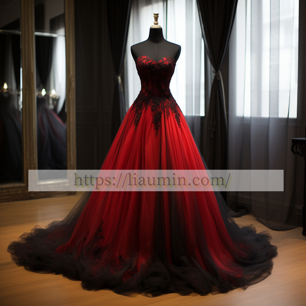 Red Tulle and Black Lace Applique Full Length Evening Party Prom Princess Dress Custom W5-2.18