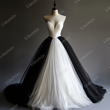 Load image into Gallery viewer, Custom White Black Tulle V Neck Wedding Evening Prom Formal Lace Up Back Princess Dress C-2.18
