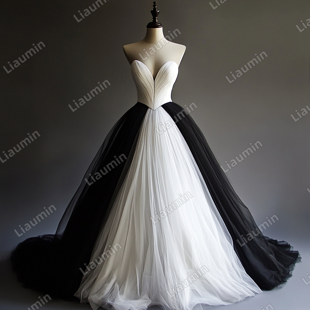 Custom White Black Tulle V Neck Wedding Evening Prom Formal Lace Up Back Princess Dress C-2.18