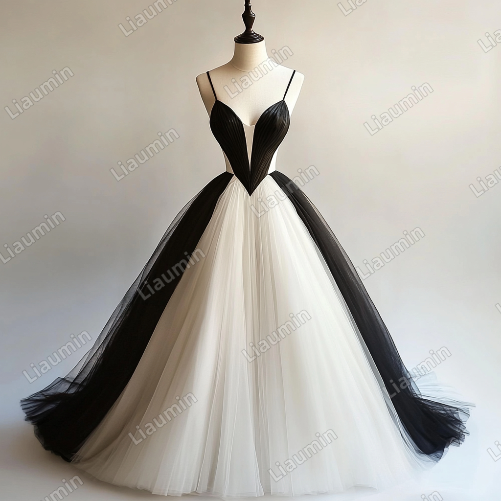 Custom White Black Tulle V Neck Strap Wedding Evening Prom Formal Lace Up Back Princess Dress C-2.19