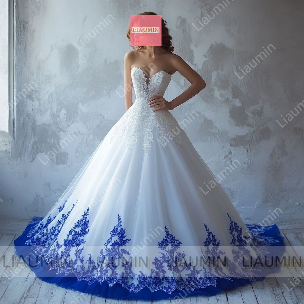 Customized White Tulle and Blue Lace Applique Wedding Evening Prom Formal Princess Dress W19.2.1
