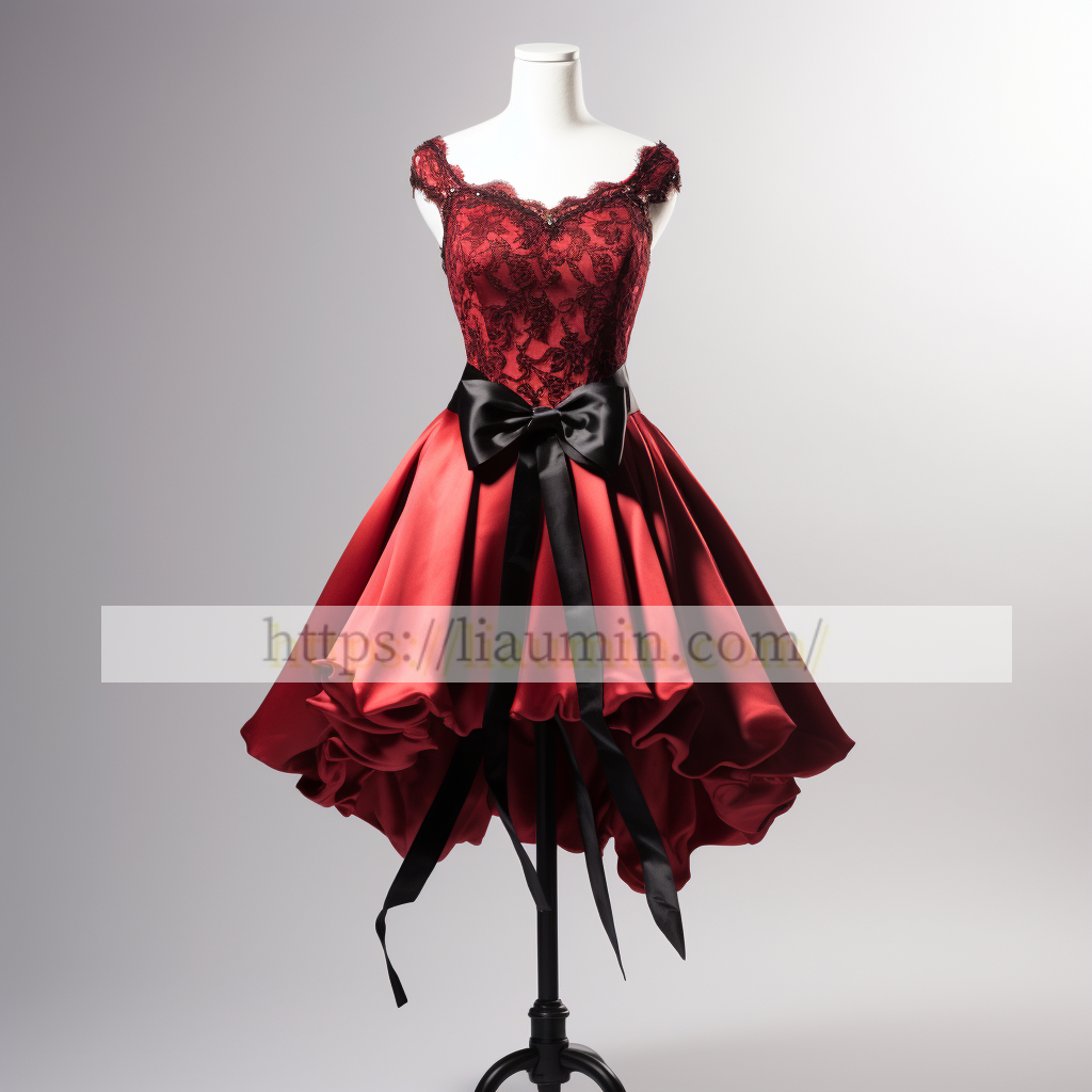 Red Satin and Black Lace Applique Short Evening Party Prom Princess Homecoming Dress  W5-2.1