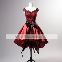 Load image into Gallery viewer, Red Satin and Black Lace Applique Short Evening Party Prom Princess Homecoming Dress  W5-2.1
