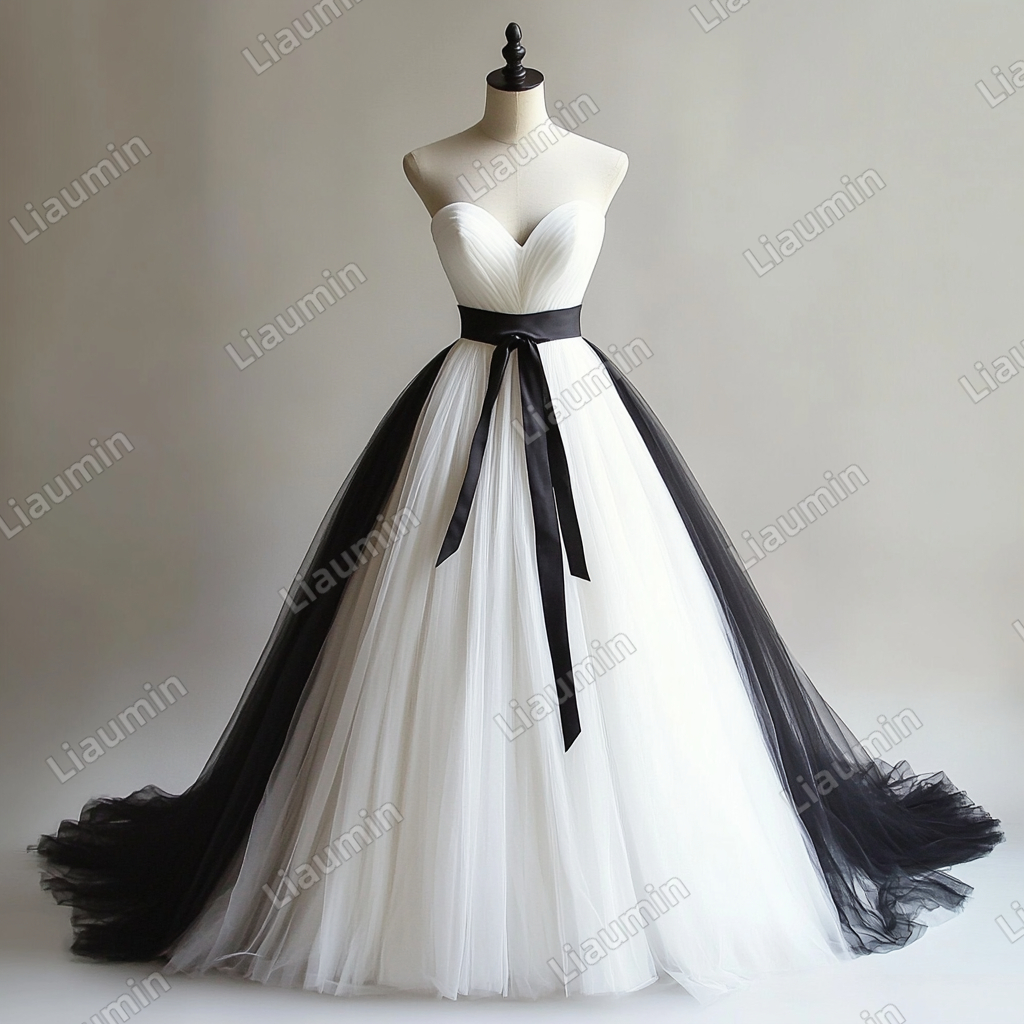 Custom White Black Tulle Strapless Wedding Evening Prom Formal Lace Up Back Princess Dress C-2.1