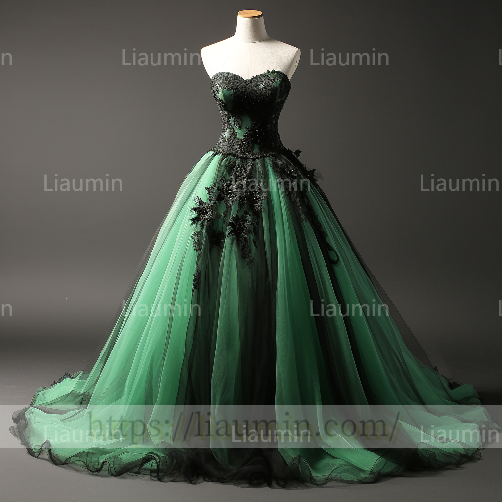 Green Tulle Black Lace Applique A Line Strapless Evening Party Prom Formal Occasion Princess Dress B-2.1