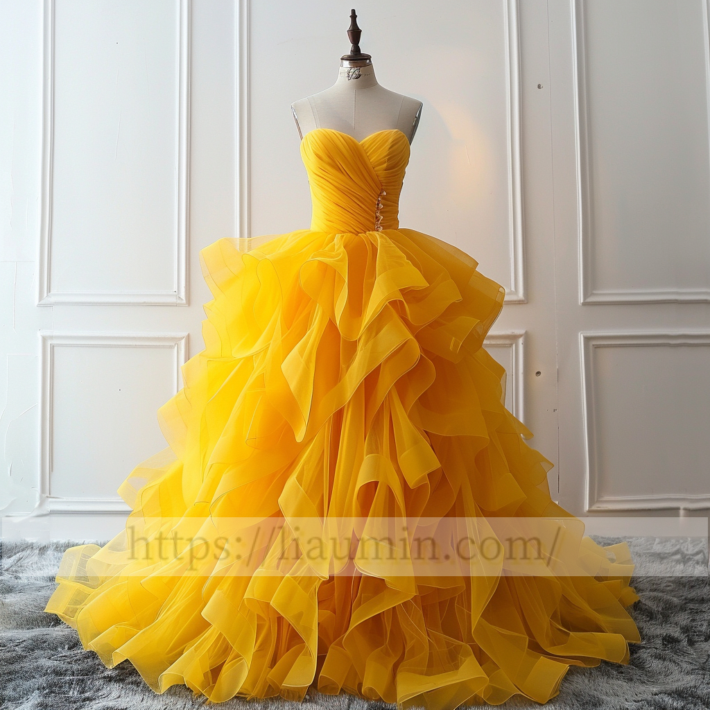 Yellow Full Length Strapless Ball Gown Evening Party Prom Formal Princess Dress Hand Made Custom W15-2.1