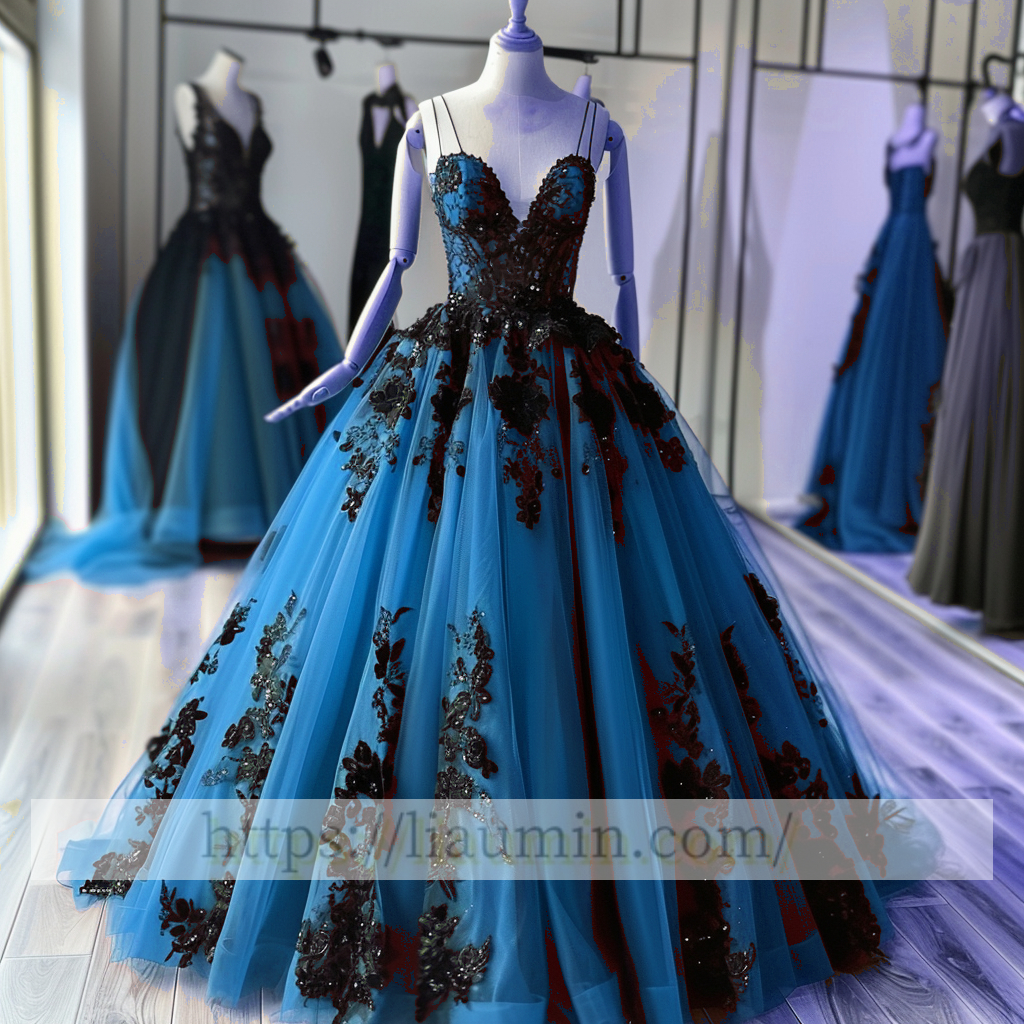 Black Lace Applique Spaghetti Straps V Neck Evening Party Prom Princess Dress  W13-2