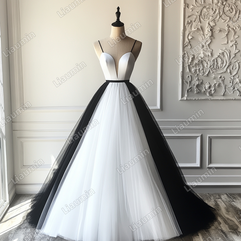 Custom White Black Tulle V Neck Strap Wedding Evening Prom Formal Lace Up Back Princess Dress C-2.20