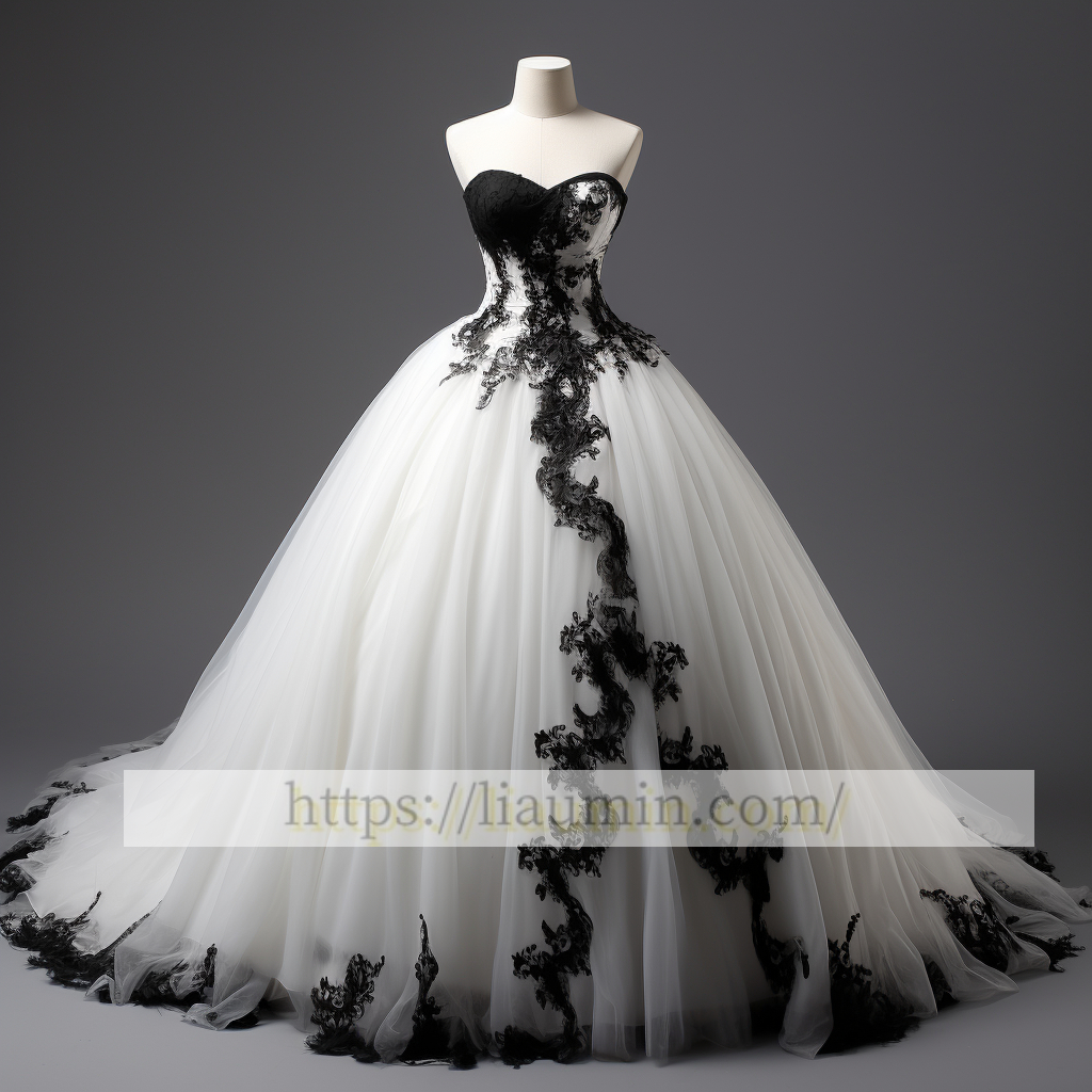 White Tulle and Black Lace Applique Ball Gwon Wedding Dress Prom Princess Dress W5-2.20