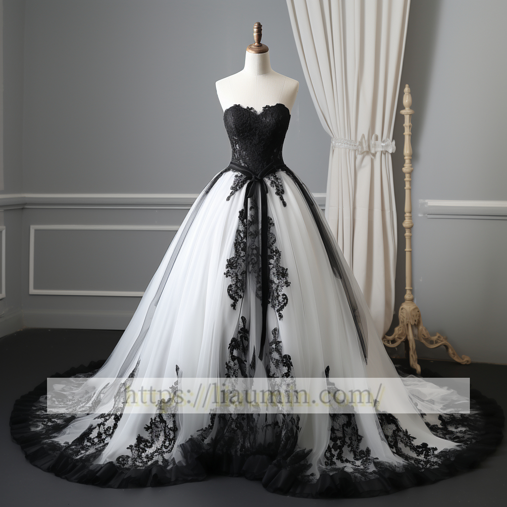 White Tulle and Black Lace Applique Ball Gwon Wedding Dress Prom Princess Dress Custom W5-2.21