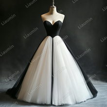 Load image into Gallery viewer, Custom White Black Tulle Strapless Wedding Evening Prom Formal Lace Up Back Princess Dress C-2.21
