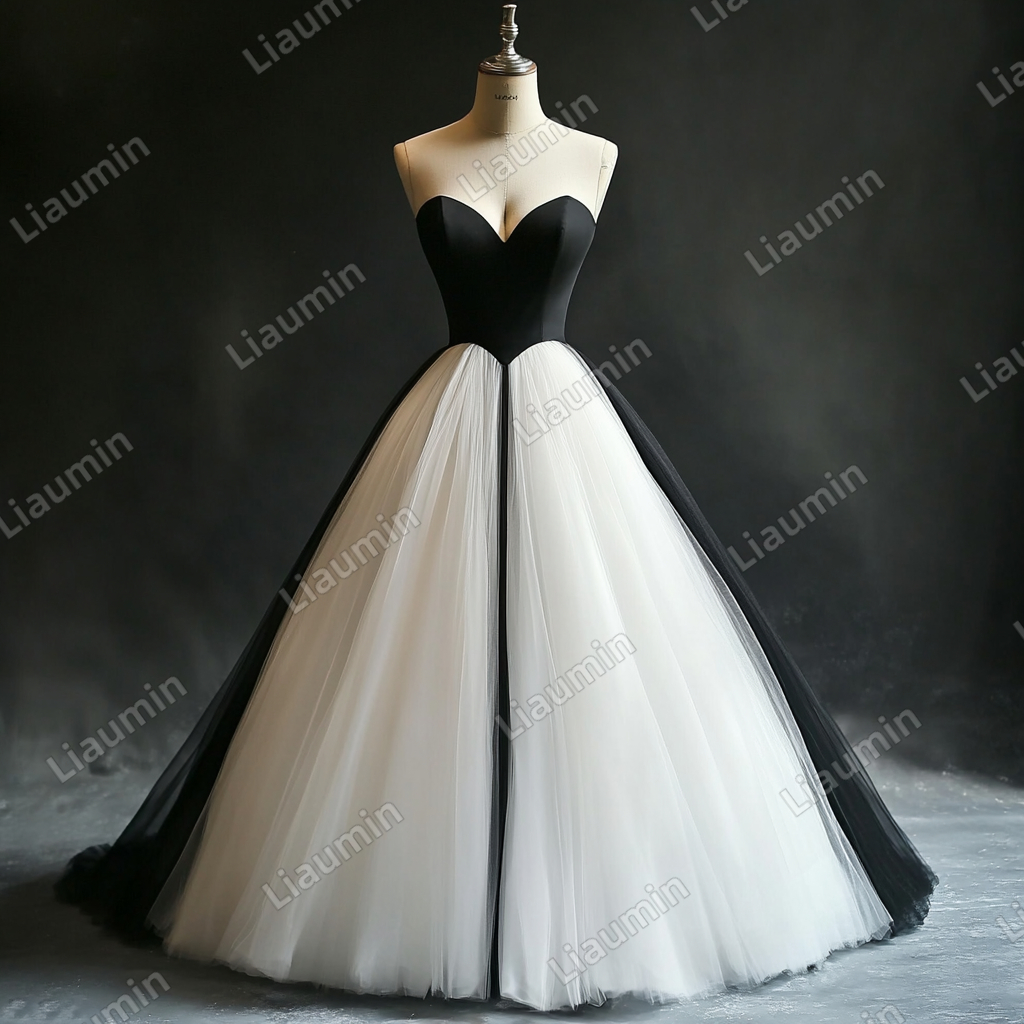 Custom White Black Tulle Strapless Wedding Evening Prom Formal Lace Up Back Princess Dress C-2.21