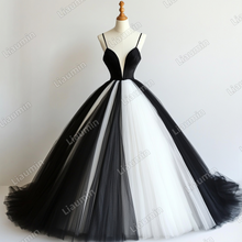 Load image into Gallery viewer, Custom V Neck White Black Tulle Strap Wedding Evening Prom Formal Lace Up Back Princess Dress C-2.22
