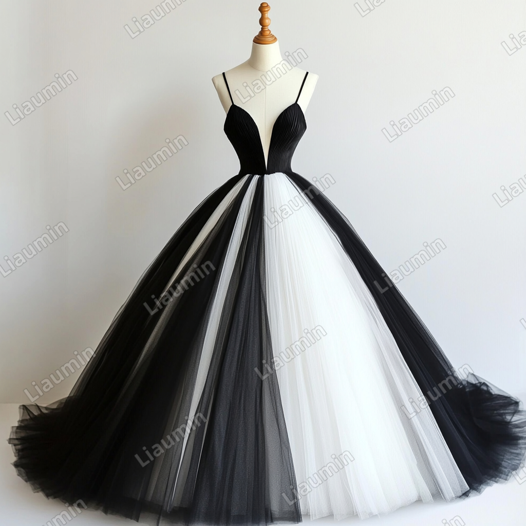 Custom V Neck White Black Tulle Strap Wedding Evening Prom Formal Lace Up Back Princess Dress C-2.22